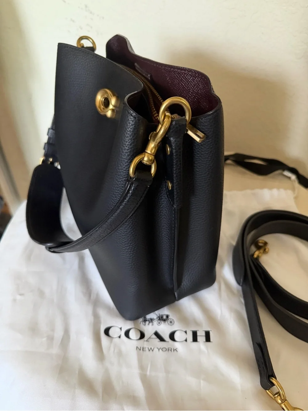 Coach Willow Black Pebbled Leather Bucket Bag with Burgundy Interior